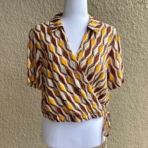 RACHEL ROY Linen Brown Yellow Geometric Design Wrap Crop Top Sz M